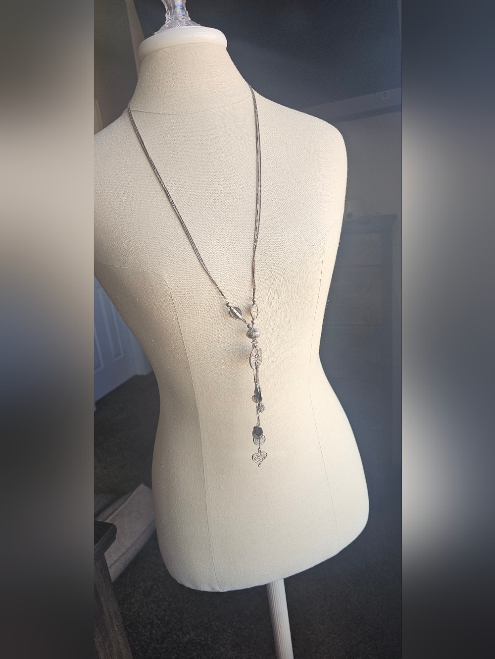 LIA SOPHIA Long Charm Tassle Silver Matte Necklace